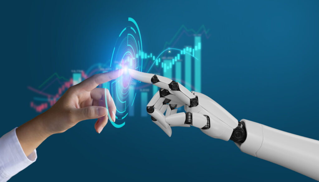 AI, Machine learning, robot hand ai artificial intelligence assistance human touching on big data network connection background, Science artificial intelligence technology, innovation and futuristic.