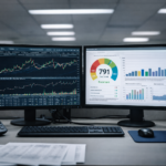 Oficina bancaria con monitores y gráficas