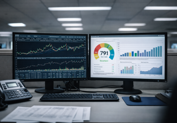 Oficina bancaria con monitores y gráficas