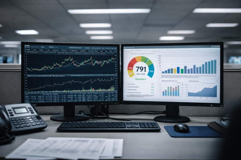 Oficina bancaria con monitores y gráficas